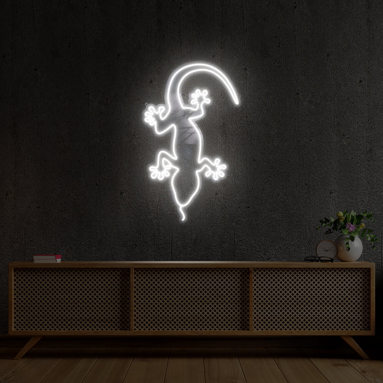 Cabinet TV in modern living room with armchair,lamp,table,flower