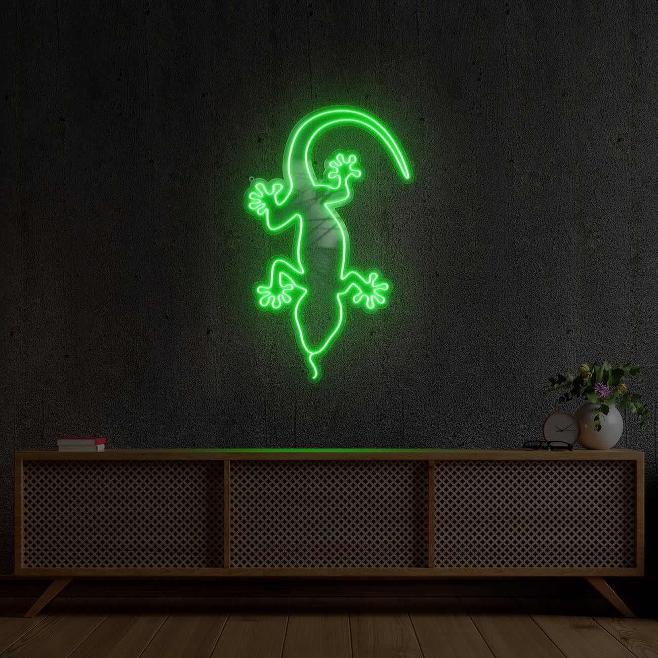 Cabinet TV in modern living room with armchair,lamp,table,flower