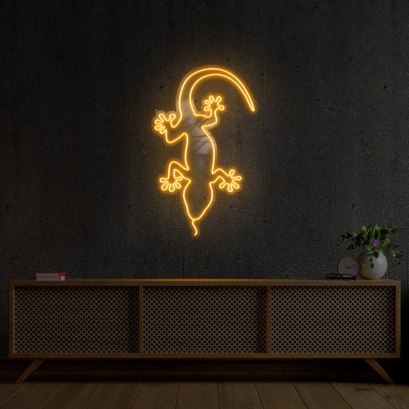 Cabinet TV in modern living room with armchair,lamp,table,flower