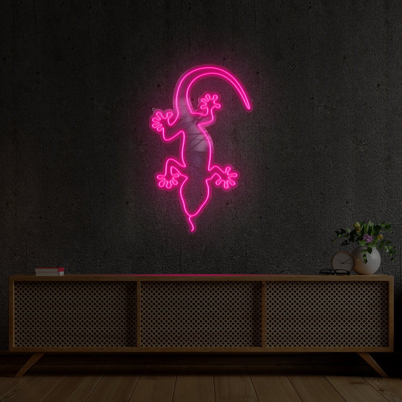 Cabinet TV in modern living room with armchair,lamp,table,flower