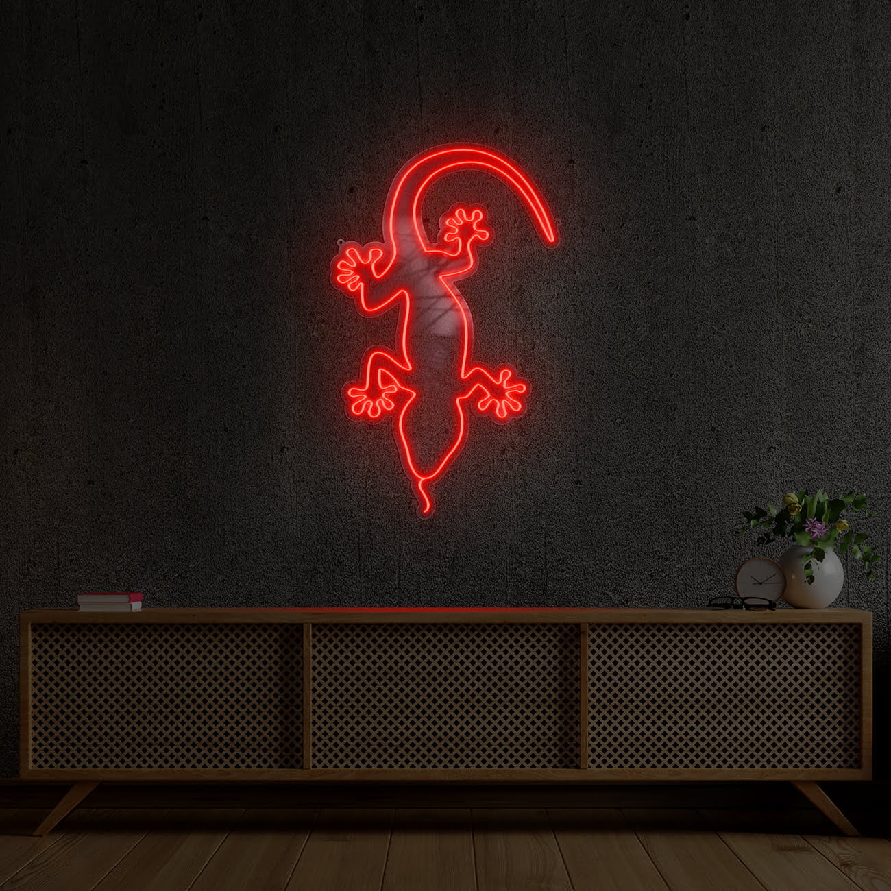 Cabinet TV in modern living room with armchair,lamp,table,flower