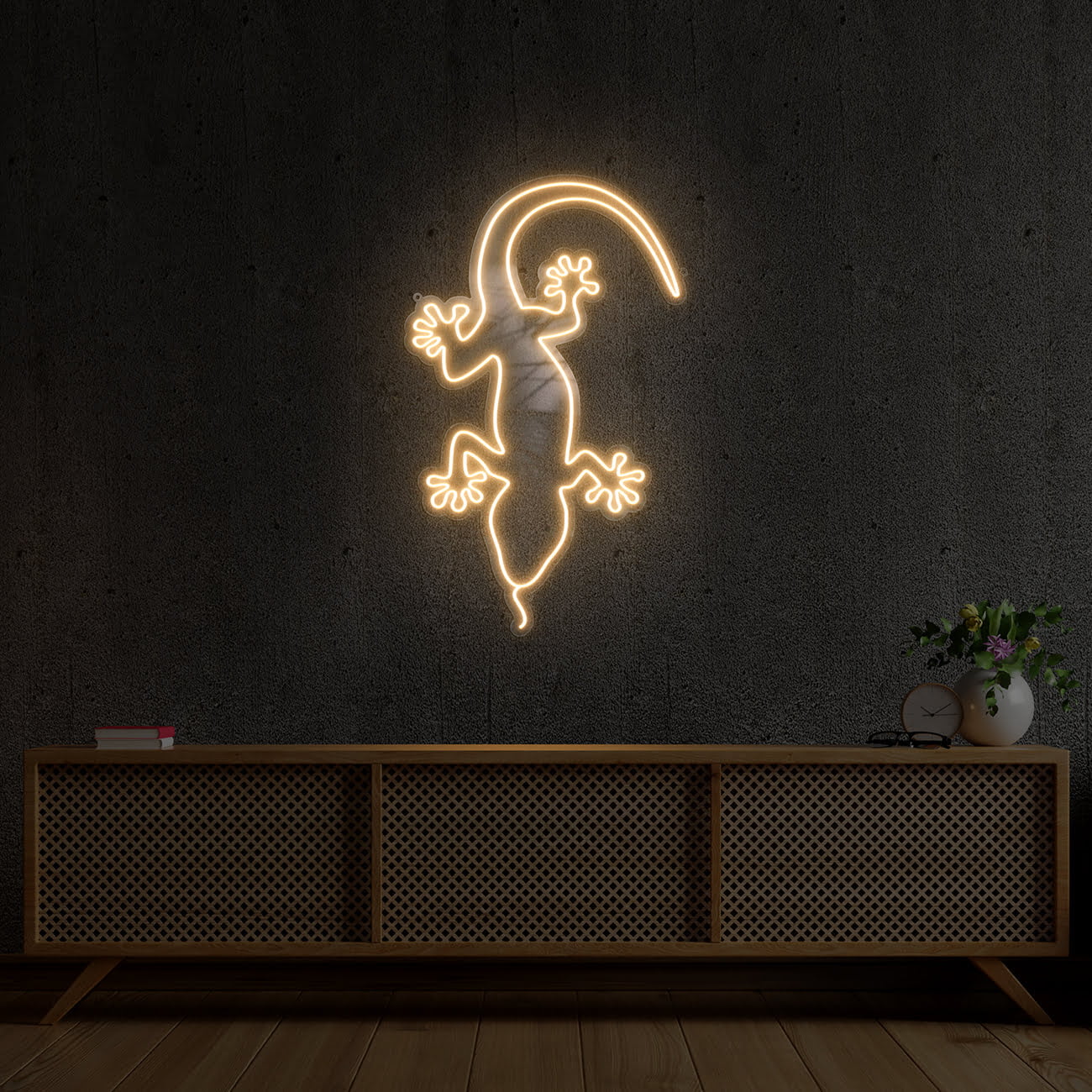 Cabinet TV in modern living room with armchair,lamp,table,flower