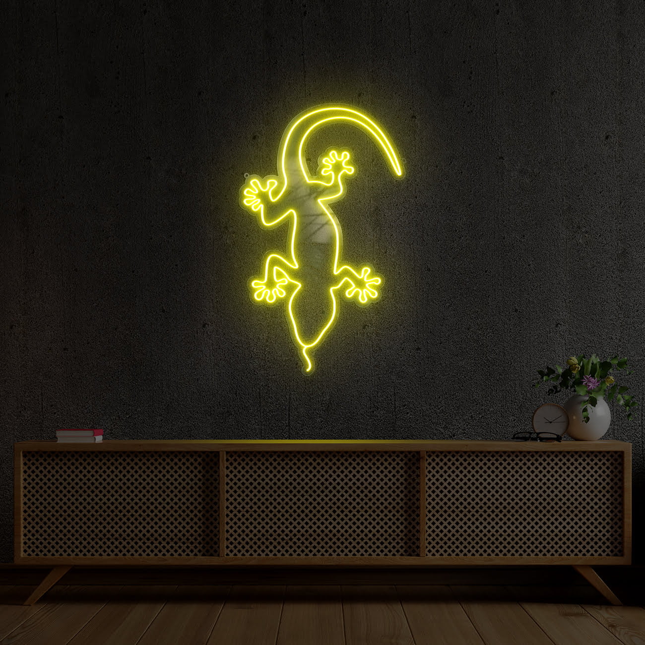 Cabinet TV in modern living room with armchair,lamp,table,flower