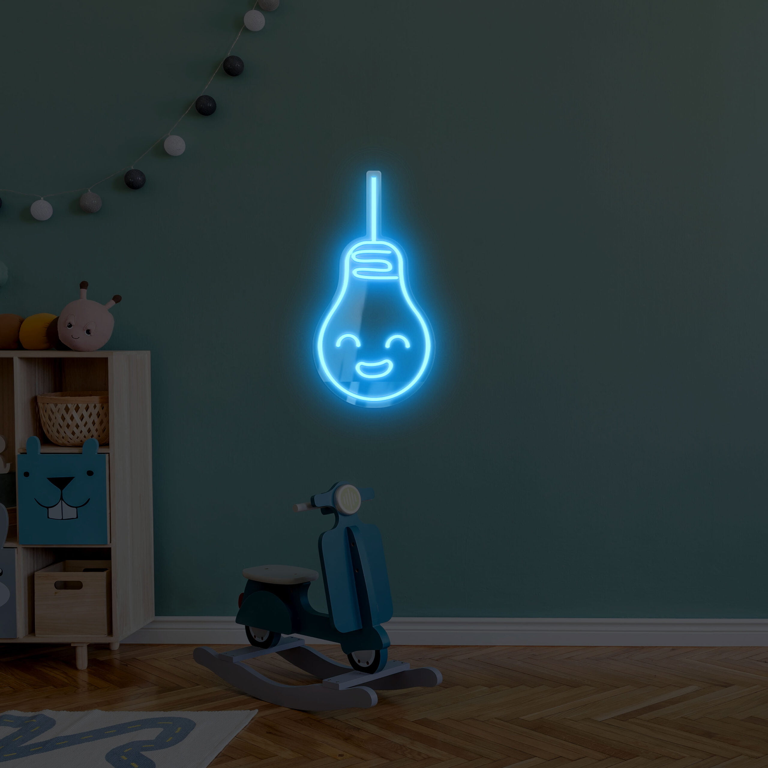 Scandinavian nursery room with wooden cabinet, design children's