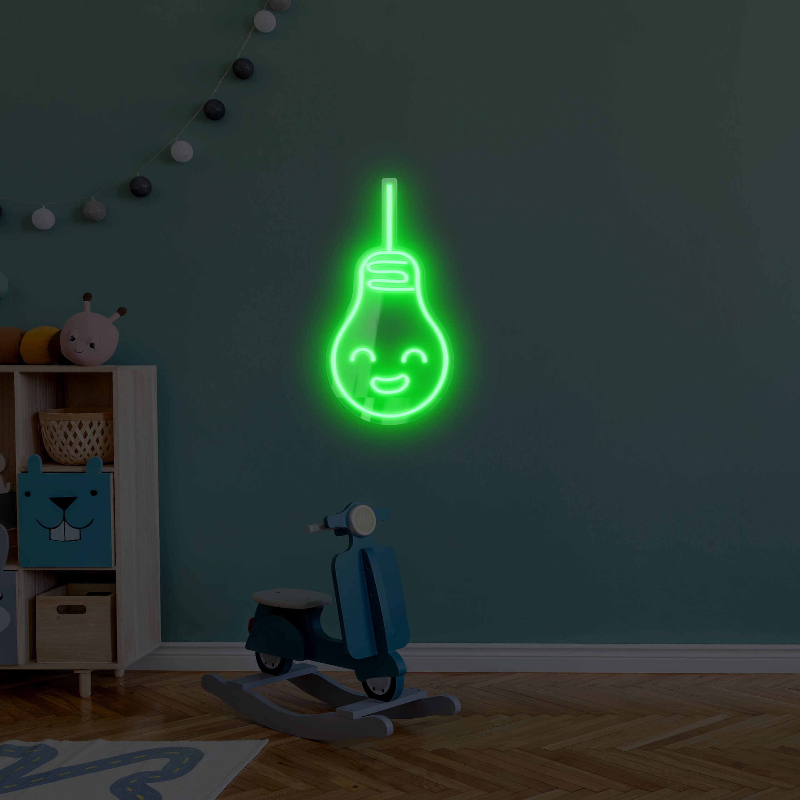 Scandinavian nursery room with wooden cabinet, design children's