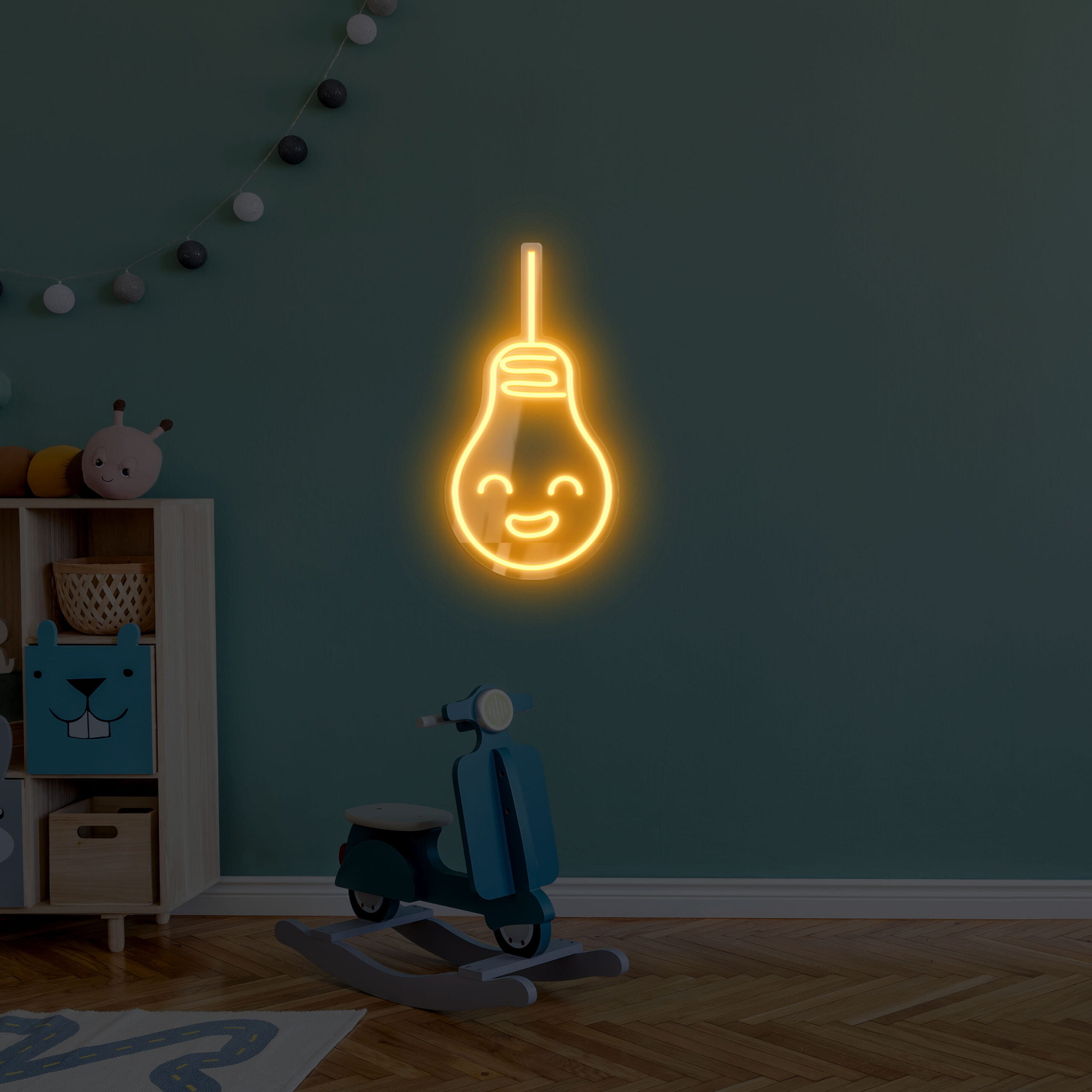 Scandinavian nursery room with wooden cabinet, design children's