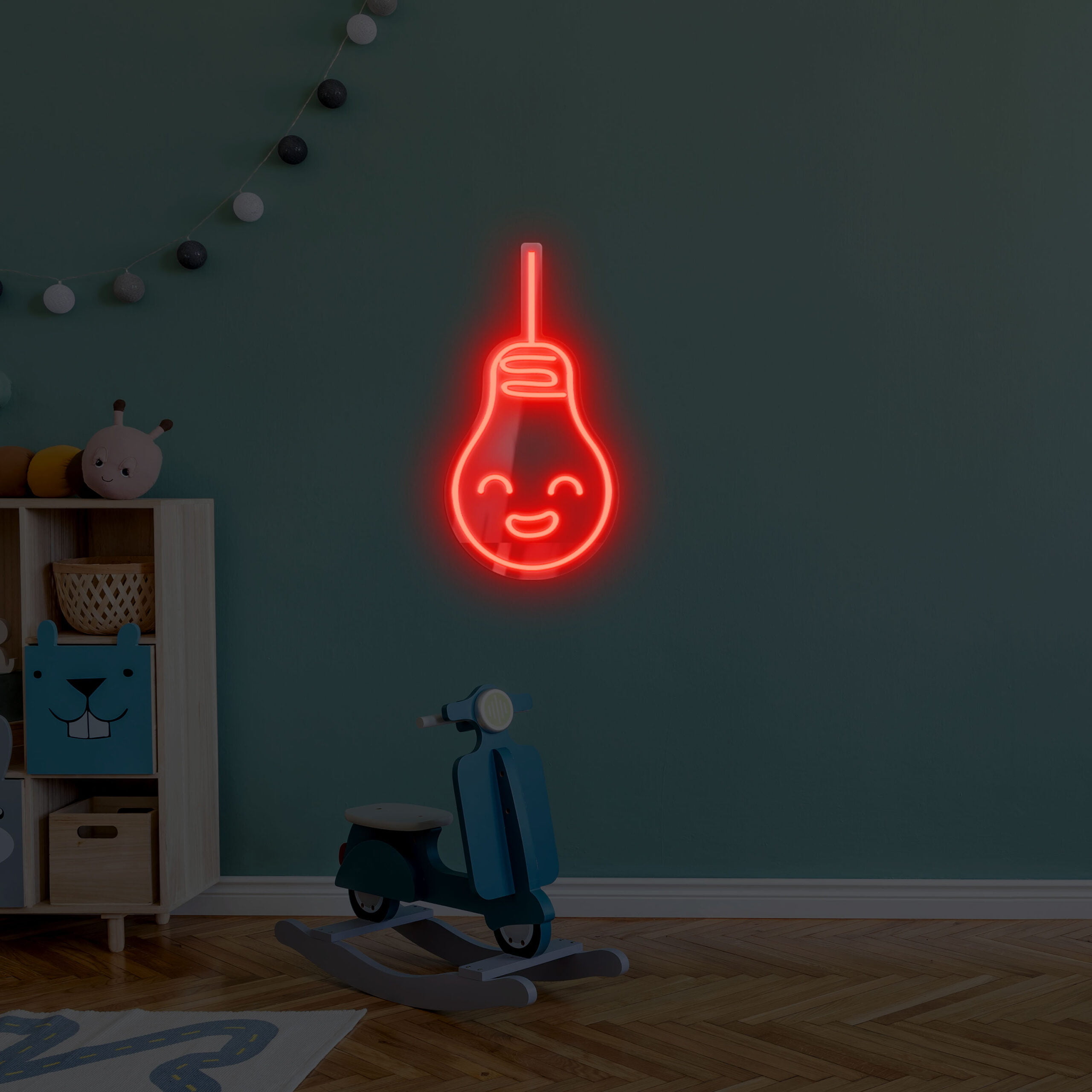 Scandinavian nursery room with wooden cabinet, design children's