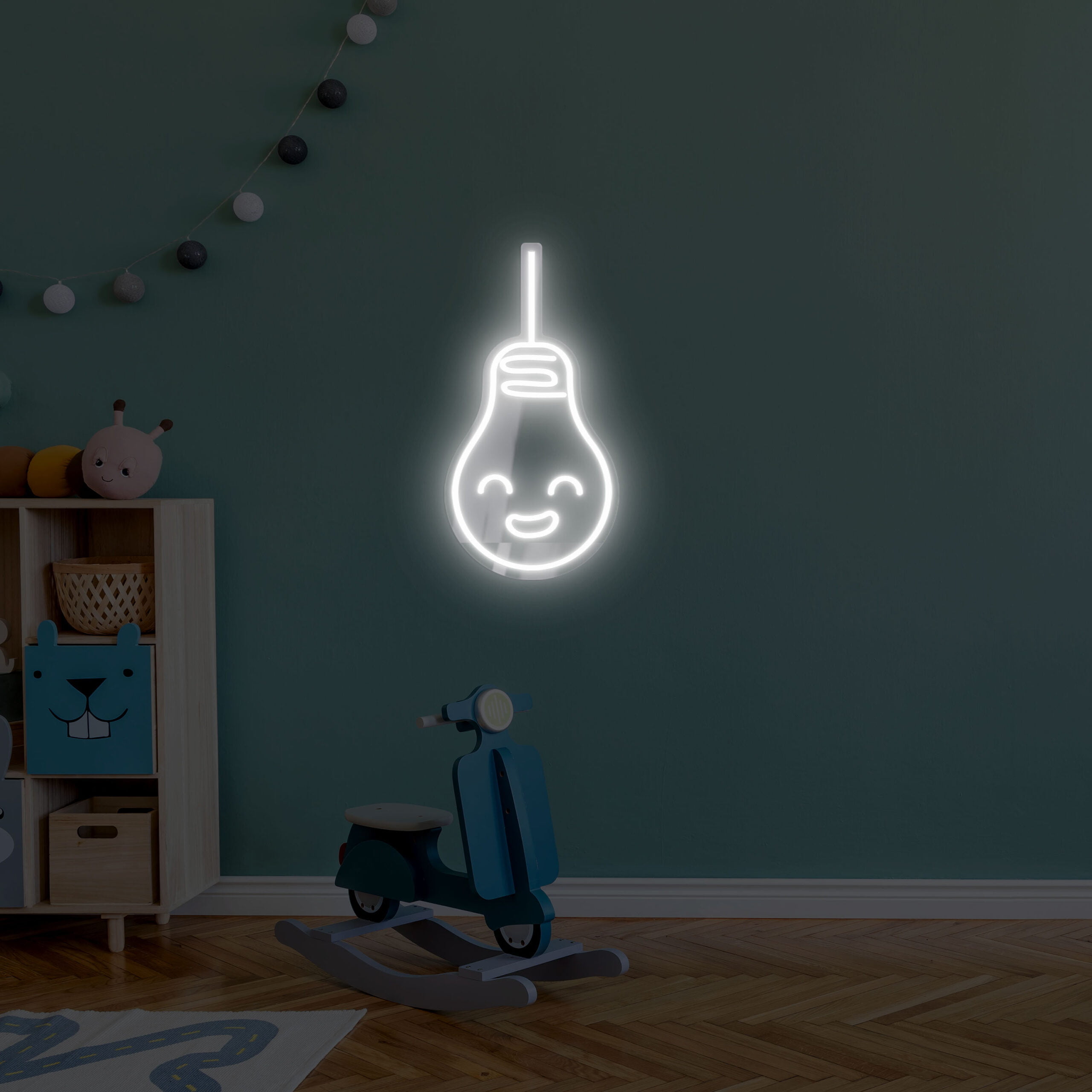 Scandinavian nursery room with wooden cabinet, design children's