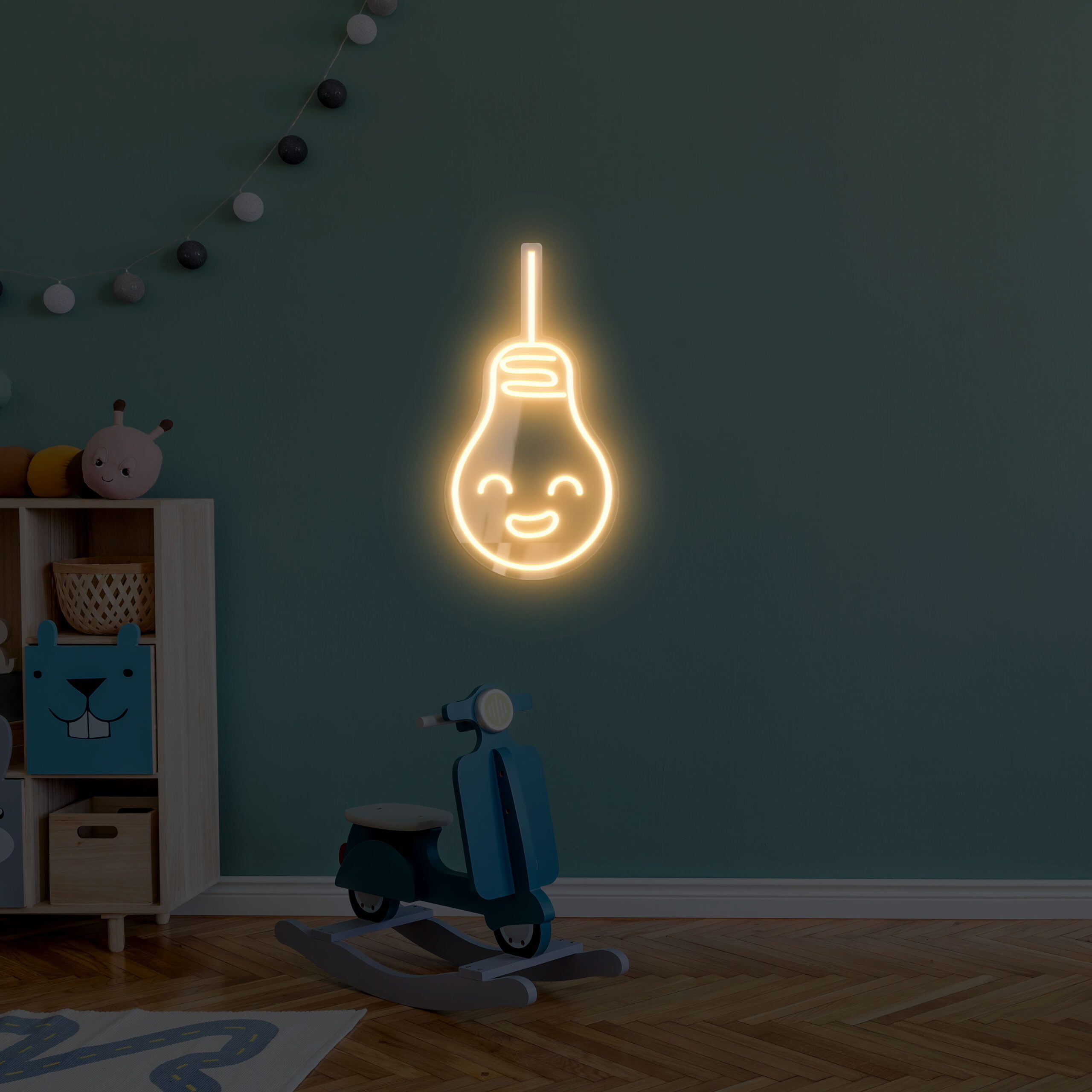 Scandinavian nursery room with wooden cabinet, design children's