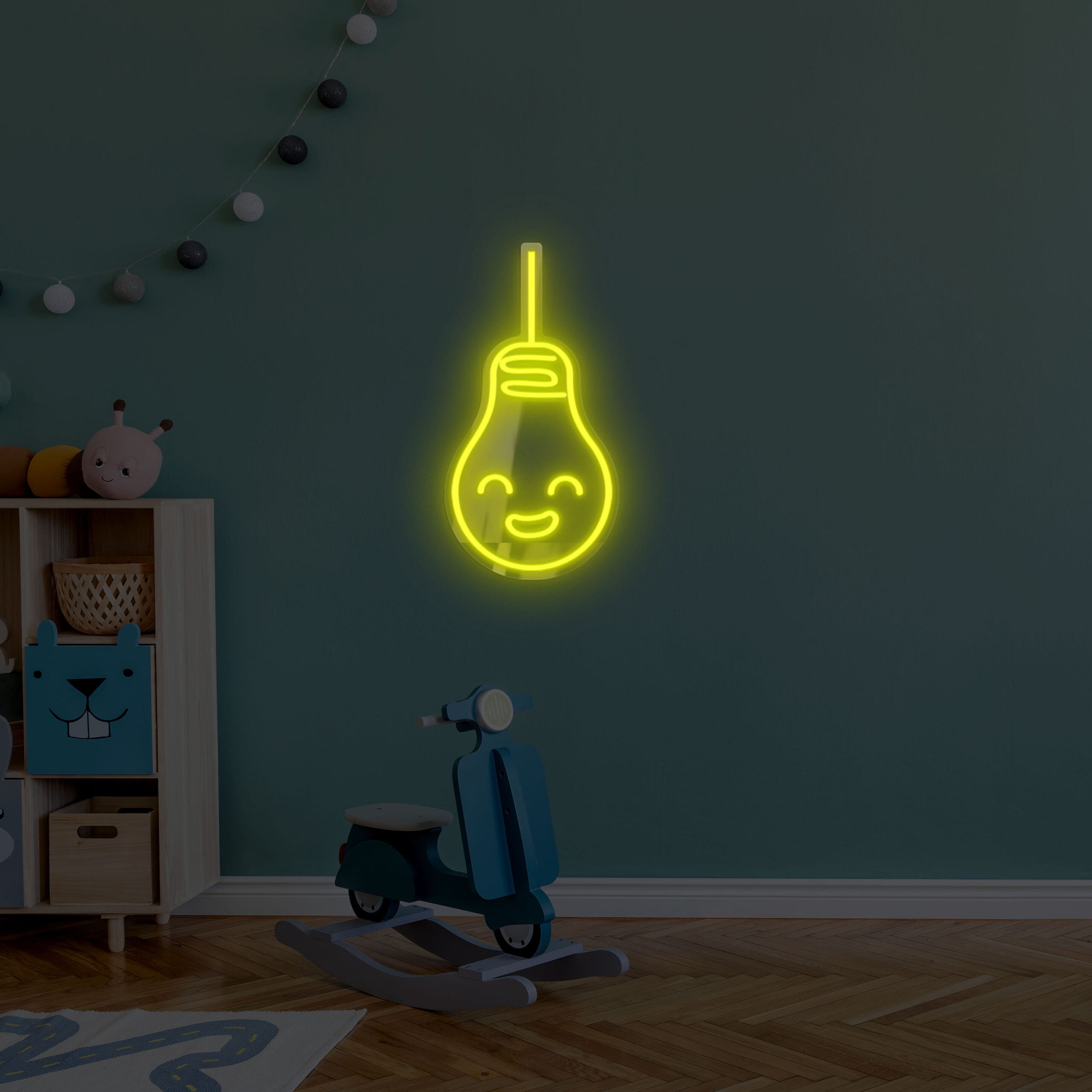 Scandinavian nursery room with wooden cabinet, design children's