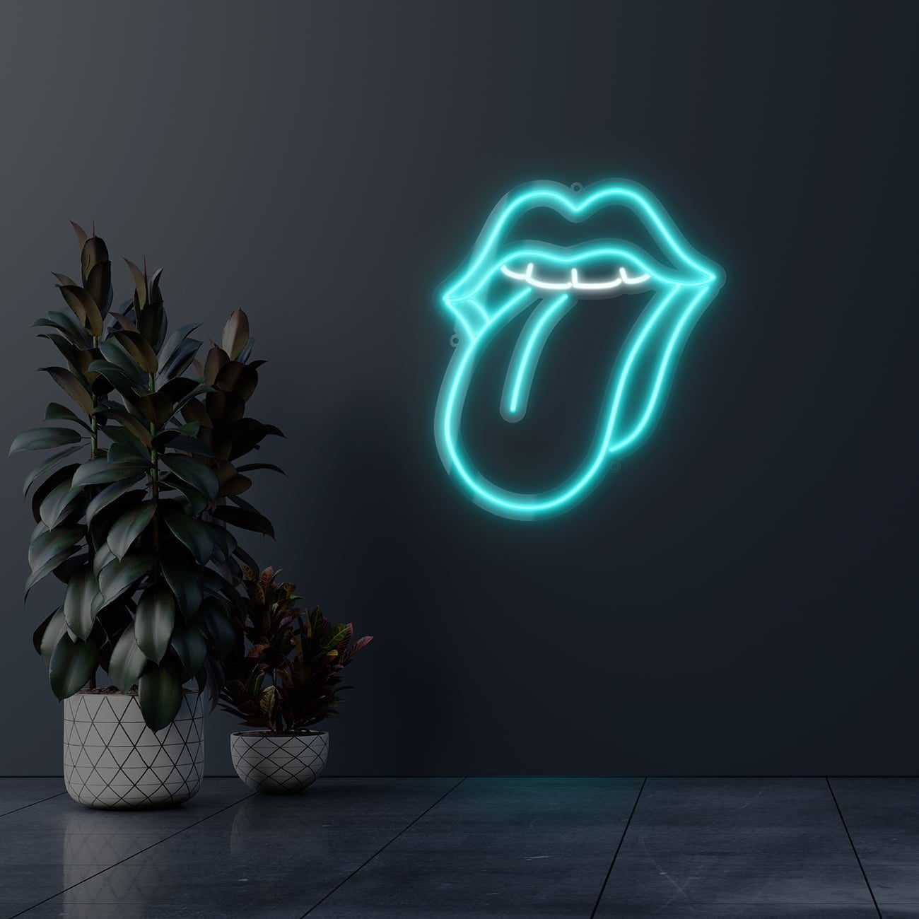 Dark wall empty room with plants on a floor.