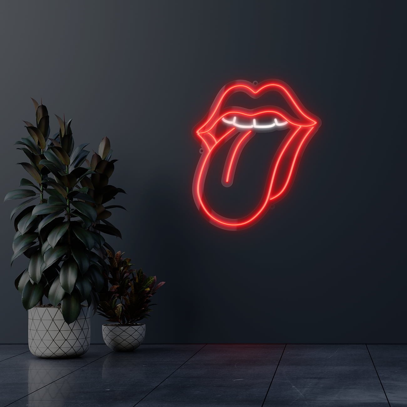 Dark wall empty room with plants on a floor.